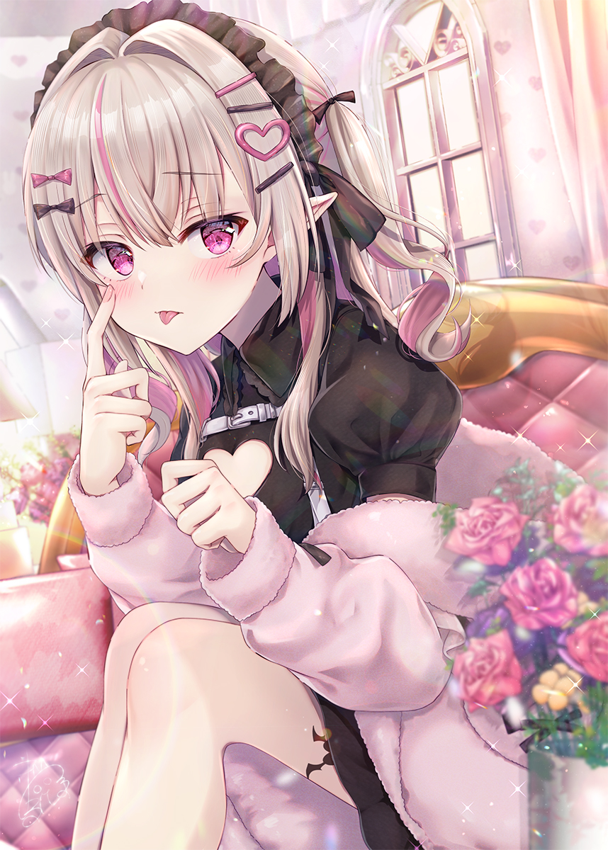 1girl akanbe black_shirt blush brown_hair cleavage_cutout closed_mouth clothing_cutout collared_shirt commentary_request eyelid_pull feet_out_of_frame flower hair_between_eyes hair_intakes hair_ornament hairclip hands_up heart heart_cutout heart_hair_ornament highres indoors jacket knees_up long_hair long_sleeves looking_at_viewer makaino_ririmu maruma_(maruma_gic) multicolored_hair nijisanji off_shoulder one_side_up open_clothes open_jacket pink_flower pink_hair pink_jacket pink_rose puffy_long_sleeves puffy_short_sleeves puffy_sleeves purple_eyes rose shirt short_sleeves sitting solo streaked_hair tongue tongue_out virtual_youtuber window