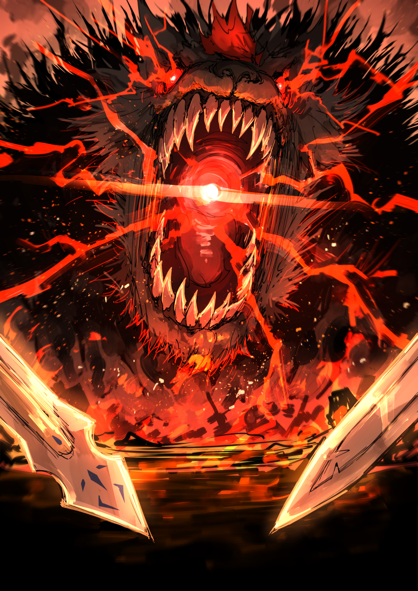 animal arondight_(fate) battle battlefield dog excalibur_galatine_(fate) barghest_(fate) fangs fate/grand_order fate_(series) fire gawain_(fate) glowing glowing_eyes glowing_mouth kankan33333 lancelot_(fate/grand_order) oversized_animal sword weapon