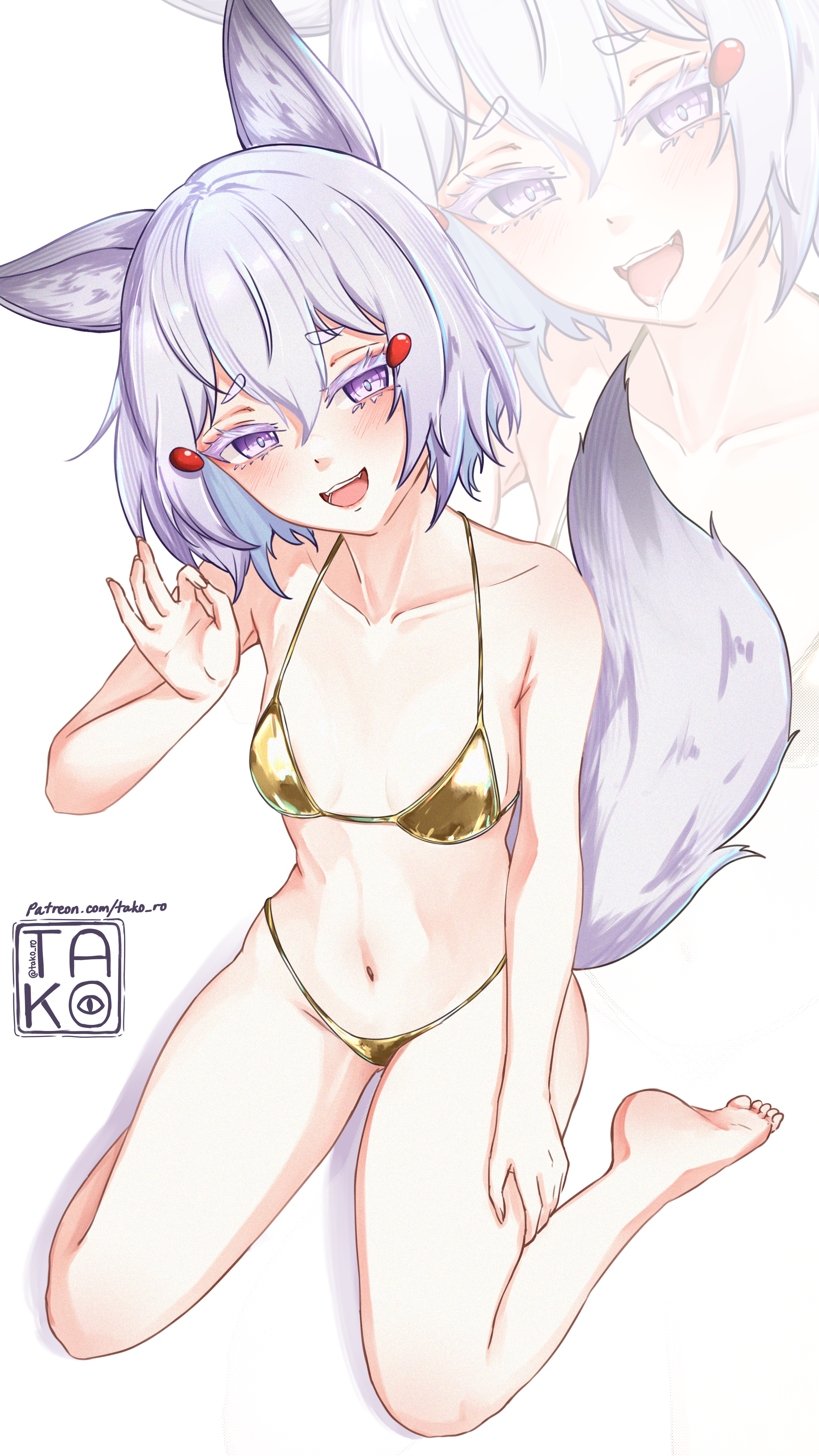 1girl absurdres animal_ears bikini breasts fox_ears fox_girl fox_tail gold_bikini grey_hair highres looking_back navel open_mouth phase_connect purple_eyes small_breasts solo swimsuit tail takoroki tenma_maemi virtual_youtuber zoom_layer