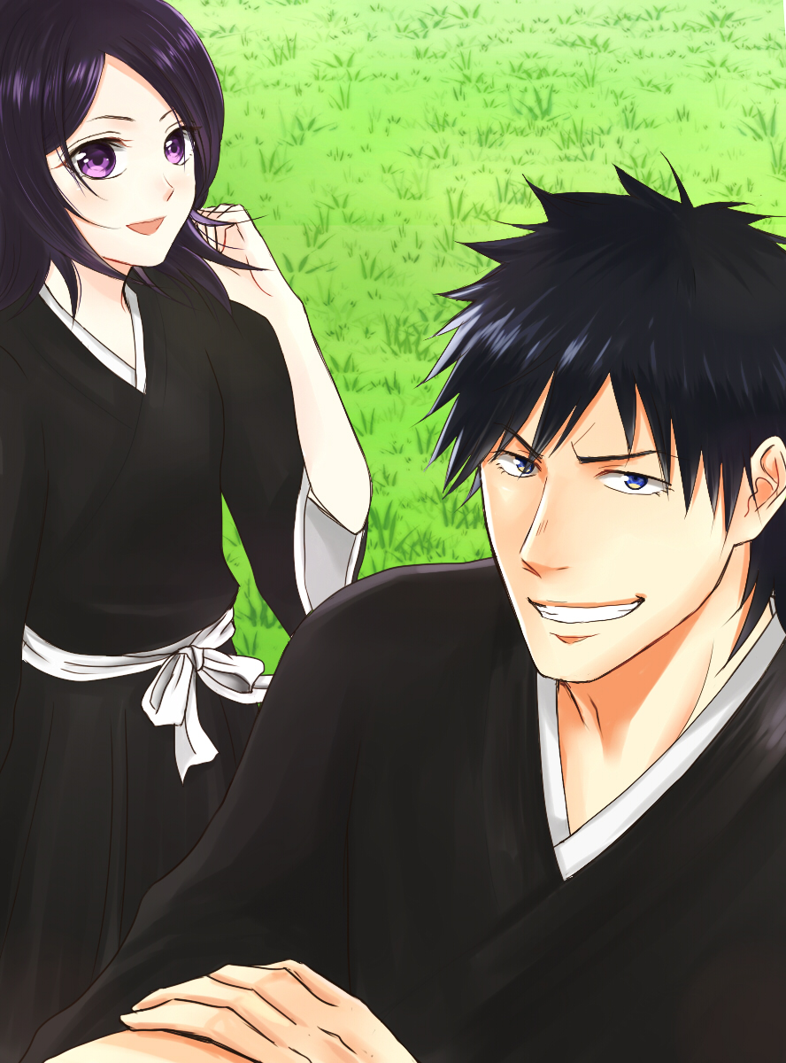 1boy 1girl :d black_hair black_kimono bleach blue_eyes commentary commentary_request crossed_arms grass hair_between_eyes happy highres japanese_clothes kimono kuchiki_rukia looking_at_viewer medium_hair okome_(haku_maimai) open_mouth outdoors purple_eyes shiba_kaien smile