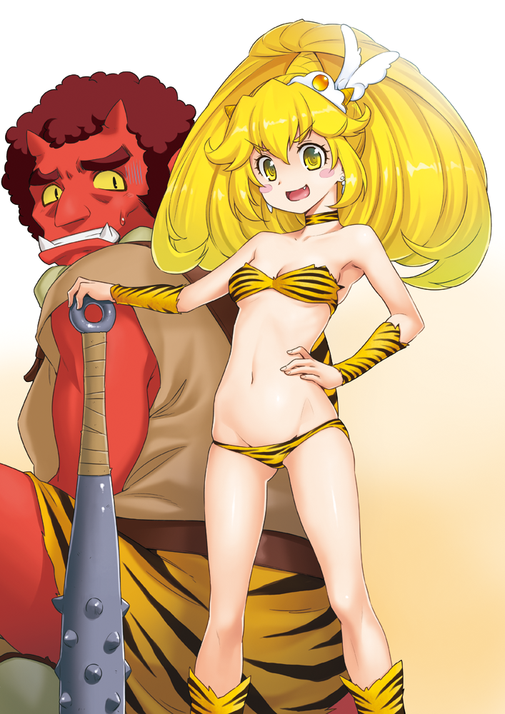 &gt;:d 10s 1boy 1girl :d akaooni animal_print big_hair bikini blonde_hair blush_stickers club club_(weapon) colored_skin cure_peace earrings fang gluteal_fold hair_flaps hand_on_own_hip horns jewelry kanabou kazuma_muramasa kise_yayoi looking_at_viewer looking_back navel oni oni_horns open_mouth precure red_skin setsubun skindentation smile smile_precure! swimsuit tiger_print v-shaped_eyebrows weapon