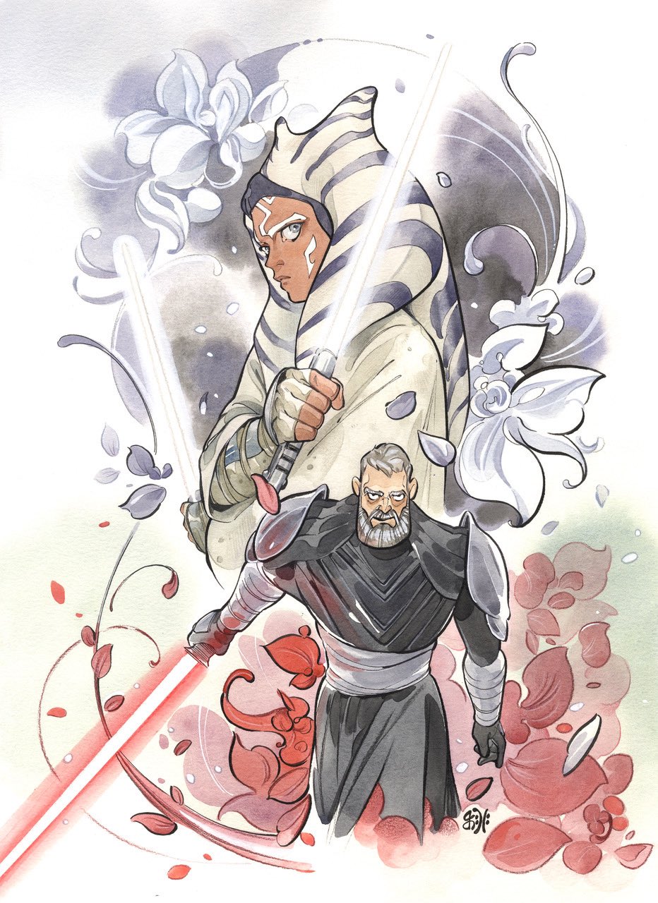 1boy 1girl ahsoka_tano alien armor baylan_skoll beard black_gloves black_tunic blue_eyes colored_skin dual_wielding energy_sword facial_hair fingerless_gloves flower gloves highres holding lightsaber orange_skin pauldrons peach_momoko red_flower red_lightsaber short_hair shoulder_armor star_wars star_wars:_ahsoka sword togruta tunic weapon white_flower white_gloves white_hair white_lightsaber