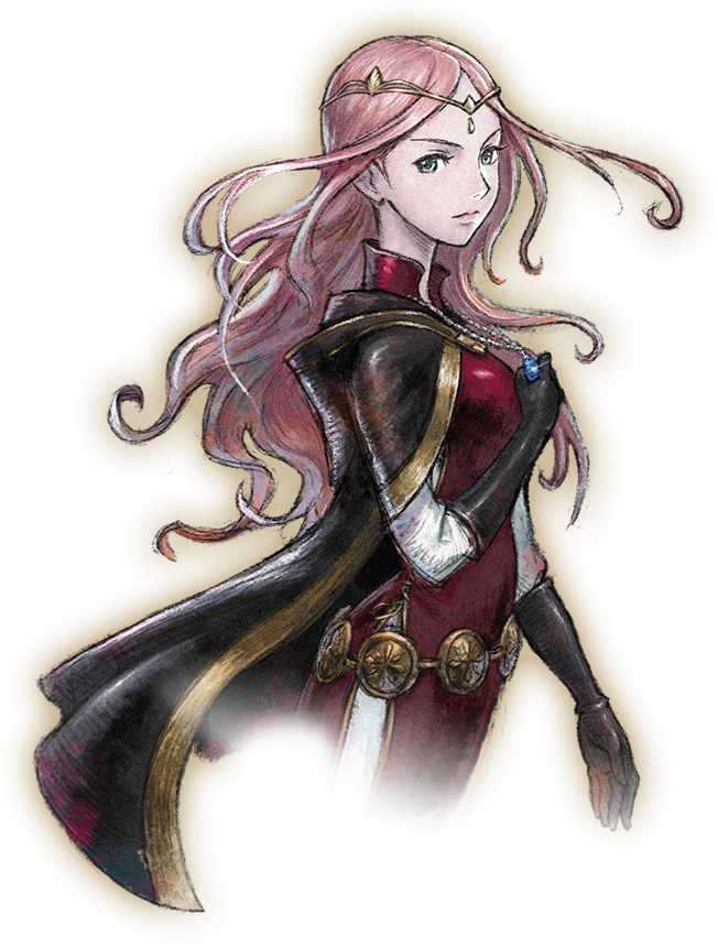 1girl black_cape black_gloves cape closed_mouth cowboy_shot diadem expressionless frederica_aesfrost gem gloves green_eyes high_collar ikusy jewelry lips long_hair looking_at_viewer necklace official_art pink_hair solo standing transparent_background triangle_strategy