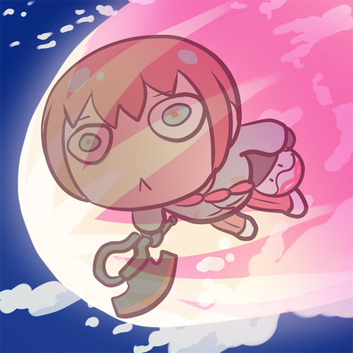 1girl amate_yuzuriha aqua_eyes axe bodysuit burning chibi closed_mouth gundam gundam_gquuuuuux haro hat heat_hawk holding holding_axe jacket long_sleeves lowres mecha_pilot_suit n-master normal_suit_(gundam) red_bodysuit red_hair science_fiction shirt short_hair skirt weapon
