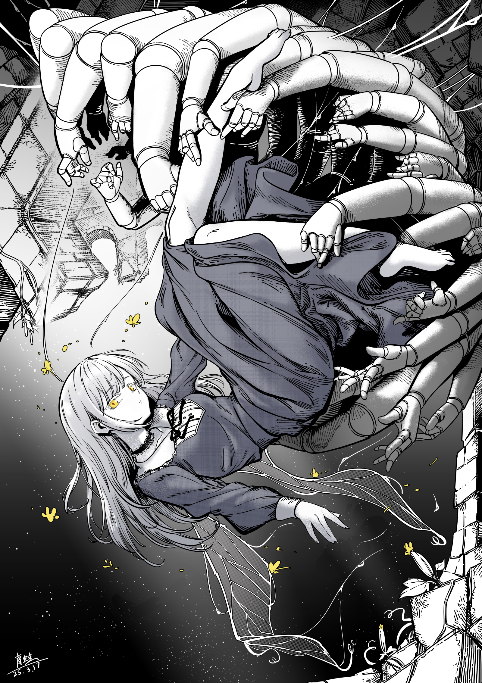 1girl arm_up bang_dream! bang_dream!_it's_mygo!!!!! barefoot black_choker black_ribbon chinese_commentary choker collar commentary_request dated dress expressionless falling fingernails floating_clothes flower frilled_choker frilled_collar frills from_side greyscale highres insect_wings leaf legs_up long_dress long_hair looking_at_viewer marionette monochrome parted_lips plant puppet puppet_strings qingwa_chi_she ribbon sidelocks signature silk solo spot_color star_(sky) starry_sky_background stone_wall swept_bangs vines wakaba_mutsumi webbing wings yellow_eyes yellow_flower