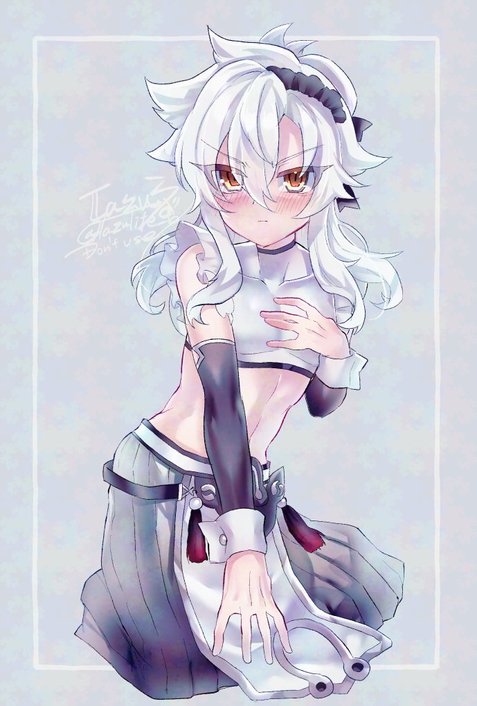 1boy alternate_costume arm_warmers black_arm_warmers black_ribbon blush closed_mouth covered_collarbone crop_top cropped_shirt dragon_tale_lucias duel_monster enmaided grey_hakama groin hair_between_eyes hair_bun hair_ornament hair_ribbon hakama hand_on_own_chest japanese_clothes lazulite_b long_hair looking_at_viewer maid maid_headdress midriff navel pelvic_curtain ribbon shirt sidelocks signature sleeveless sleeveless_shirt solo tassel white_shirt wrist_cuffs yellow_eyes yu-gi-oh!