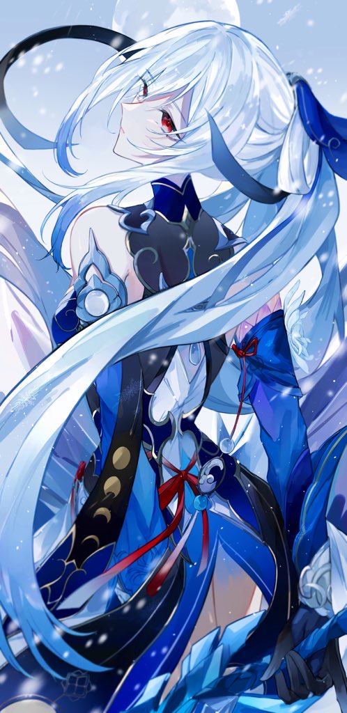 1girl black_blindfold black_gloves blindfold blue_dress blue_hair blue_sleeves crystal_sword detached_sleeves dress epiphyllum from_behind gloves high-low_skirt high_ponytail honkai:_star_rail honkai_(series) ice_shard jingliu_(honkai:_star_rail) ponytail solo sword tugu_pi unworn_blindfold weapon white_hair
