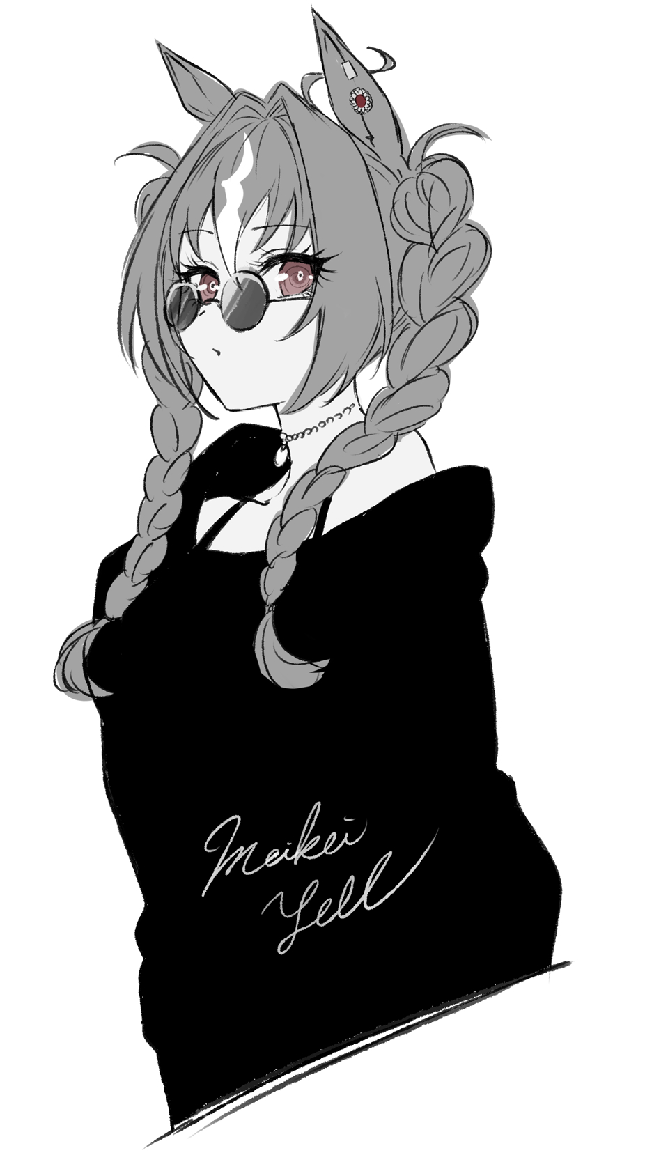 1girl ahoge animal_ears black_shirt braid brown_eyes character_name choker collarbone eyebrows_hidden_by_hair grey_hair hair_between_eyes highres horse_ears horse_girl horse_tail long_hair looking_at_viewer meikei_yell_(racehorse) mommy_maro multicolored_hair original round_eyewear shirt simple_background single_bare_shoulder solo sunglasses tail twin_braids twintails umamusume upper_body white_background white_hair