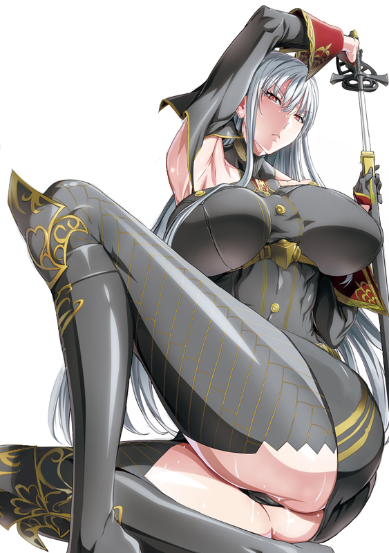 1girl arm_up ass black_panties blush breasts detached_sleeves grey_thighhighs large_breasts long_hair looking_at_viewer panties photoshop_(medium) red_eyes revision selvaria_bles senjou_no_valkyria senjou_no_valkyria_(series) senjou_no_valkyria_1 sheath shino_(comic_penguin_club) silver_hair solo sweat thighhighs underwear unsheathing very_long_hair weapon white_background