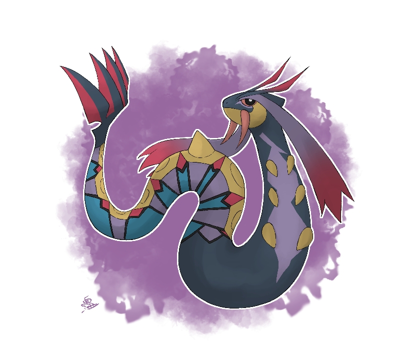 animal_focus artist_name black_eyes bright_pupils colored_sclera fangs full_body fusion gen_3_pokemon milotic nintendo no_humans outline pokemon pokemon_(creature) purple_background red_sclera s_(esumi_kihomaru) seviper signature snake solo white_outline white_pupils