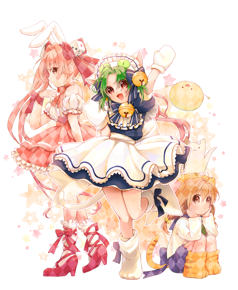 3girls 58_(scbaby) animal_ears animal_hat apron arm_up bell blue_dress brown_eyes cat_hat dejiko di_gi_charat dice_hair_ornament dress gema green_hair hair_ornament hands_on_own_face hat hokke_mirin jingle_bell long_hair mittens multiple_girls open_mouth puchiko rabbit_ears red_ribbon red_shoes ribbon shoes sitting twintails usada_hikaru white_apron white_mittens