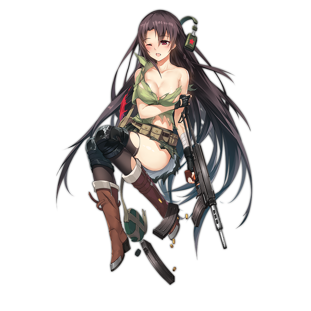 1girl ;o ass bare_shoulders black_gloves black_hair black_thighhighs blush boots breasts bullet canteen cleavage female_focus fingerless_gloves full_body girls&#039;_frontline gloves gun headphones headphones_removed holding holding_gun holding_weapon integrally-suppressed_firearm long_hair magazine_(weapon) one_eye_closed open_mouth purple_eyes solo submachine_gun thighhighs torn_clothes torn_thighhighs transparent_background type_64_(girls&#039;_frontline) type_64_smg very_long_hair weapon