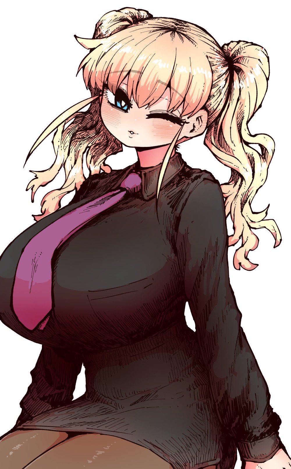 1girl ;) black_shirt blonde_hair blue_eyes blush breasts curvy formal_clothes highres huge_breasts kanzaki_akane_(ss_kabushikigaisha) large_breasts long_hair long_sleeves looking_at_viewer necktie one_eye_closed pantyhose pencil_skirt purple_necktie shirt skirt skirt_suit smile solo ss_kabushikigaisha suit twintails zyugoya