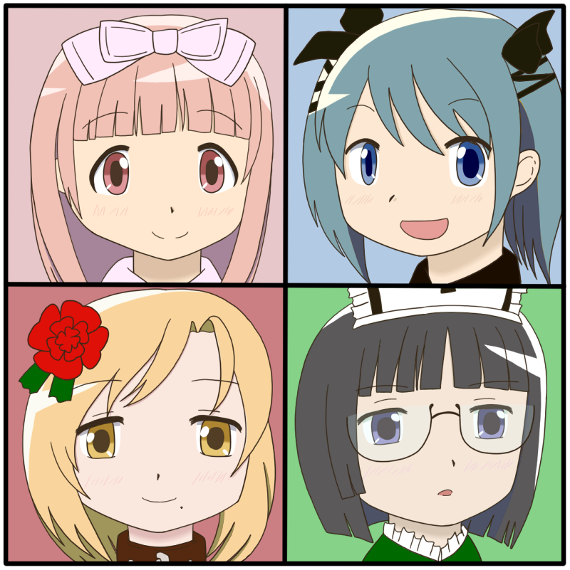 4girls akemi_homura black_hair blonde_hair blue_eyes blue_hair casper casper_(cosplay) casper_(deathsmiles) casper_(deathsmiles)_(cosplay) cave_(developer) cosplay deathsmiles flower follett_(cosplay) follett_(deathsmiles) follett_(deathsmiles)_(cosplay) glasses hair_flower hair_ornament hat kaname_madoka mahou_shoujo_madoka_magica mahou_shoujo_madoka_magica_(anime) miki_sayaka mole multiple_girls nagatsuki_yuu nurse_cap pink_eyes pink_hair portrait purple_eyes red_flower red_rose ribbon rosa_(deathsmiles) rosa_(deathsmiles)_(cosplay) rose semi-rimless_eyewear smile tomoe_mami windia windia_(cosplay) windia_(deathsmiles) windia_(deathsmiles)_(cosplay) yellow_eyes