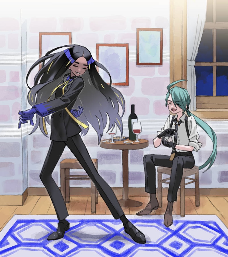 2girls ahoge black_footwear black_gloves black_hair black_jacket black_pants blue_gloves bottle brown_footwear carpet chair closed_eyes collared_shirt commentary_request cup dancing dark-skinned_female dark_skin drinking_glass flamenco food formal_clothes geeta_(pokemon) gloves green_hair grey_shirt indoors jacket long_hair long_sleeves multicolored_hair multiple_girls neck_ribbon necktie nintendo omo_chi2 open_mouth pants picture_frame pokemon pokemon_sv ponytail ribbon rika_(pokemon) shirt shoes sitting smile suit suspenders table very_long_hair window wine_glass wooden_floor yellow_ribbon
