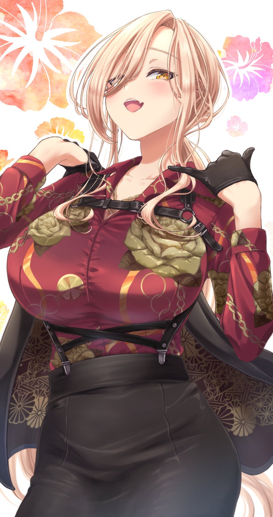 1girl \m/ arms_up black_coat black_gloves black_skirt blonde_hair breasts chest_harness cleavage coat collarbone collared_shirt commentary_request cowboy_shot fang floral_background floral_print flower gloves gold_necklace hair_over_one_eye half_gloves harness head_back hibiscus highres holding holding_coat holding_jacket holding_unworn_clothes huge_breasts jacket jewelry kebazen light_blush long_hair long_sleeves looking_at_viewer necklace nijisanji nui_sociere nui_sociere_(9th_costume) open_mouth red_shirt shirt side_part skin_fang skirt slit_pupils solo teeth unworn_coat unworn_jacket upper_teeth_only very_long_hair virtual_youtuber white_background yellow_eyes