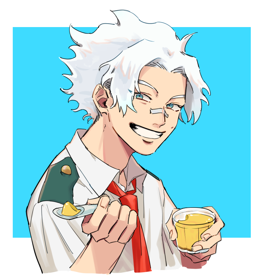 1boy blue_eyes boku_no_hero_academia border collared_shirt cropped_torso food gelatin grin looking_at_viewer loud_cloud male_focus necktie red_necktie rnuyvm school_uniform sharing_food shirt short_hair short_sleeves smile solo u.a._school_uniform white_border white_hair