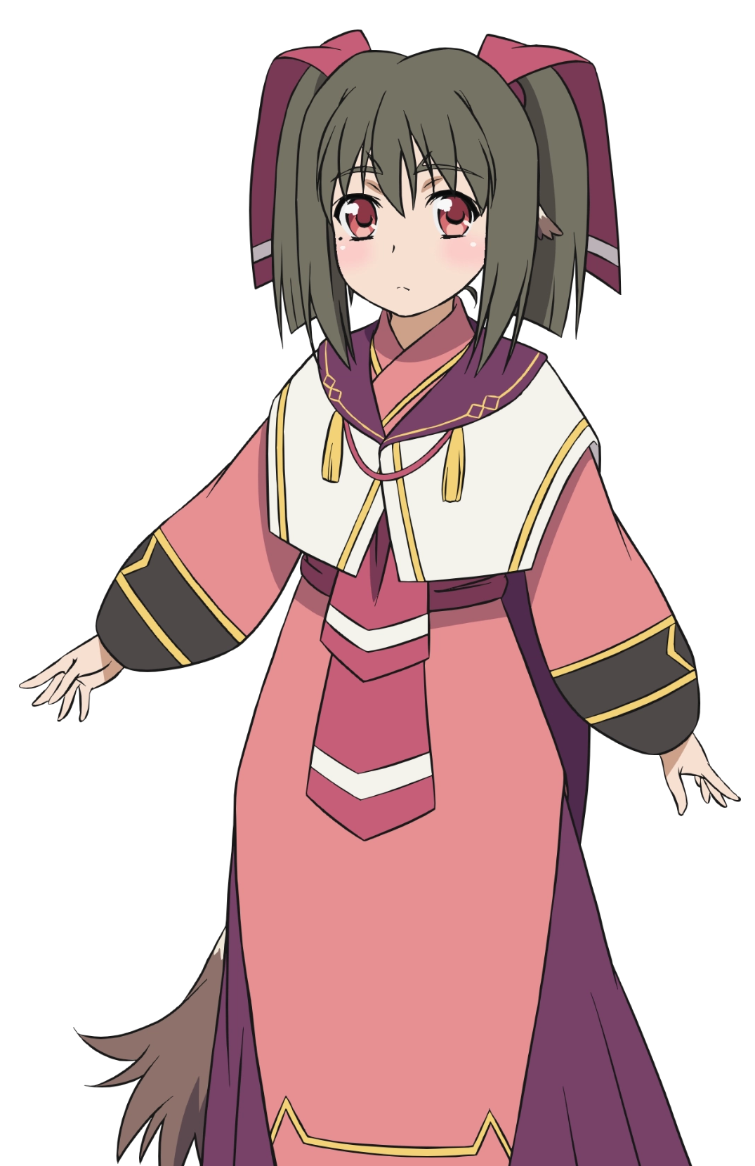 1girl ainu_clothes aquaplus blush breasts brown_hair closed_mouth cowboy_shot dress gradient_eyes hair_between_eyes hair_ribbon highres long_hair long_sleeves looking_at_viewer mole mole_under_eye multicolored_eyes nakata_masahiko nekone_(utawarerumono) official_art raised_eyebrows red_eyes red_ribbon ribbon sidelocks small_breasts solo standing tail transparent_background twintails utawarerumono utawarerumono:_futari_no_hakuoro utawarerumono:_itsuwari_no_kamen white_fox_(company)