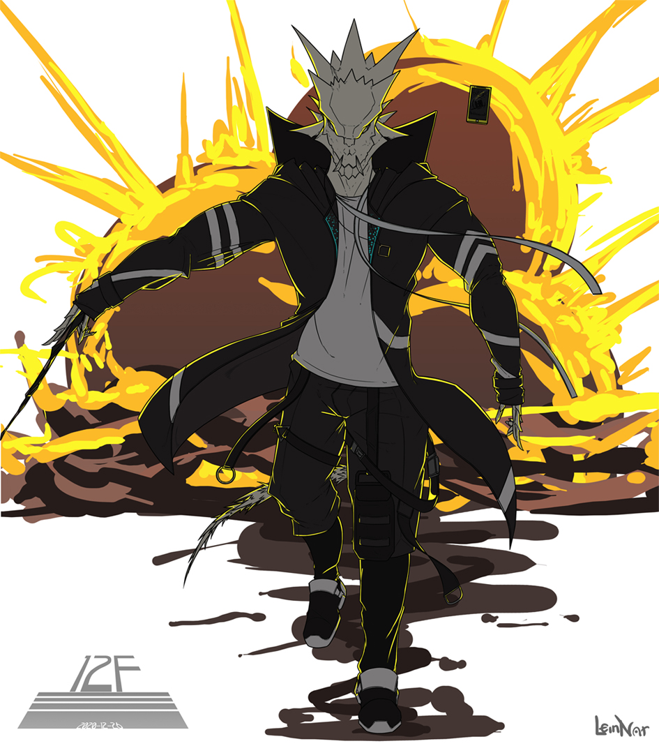 12f_(arknights) 1boy arknights artist_name black_jacket black_pants black_sclera cellphone character_name colored_sclera commentary english_commentary explosion jacket leinnar lizard long_sleeves looking_at_viewer pants phone shirt shoes solo standing t-shirt tail wand white_shirt yellow_eyes