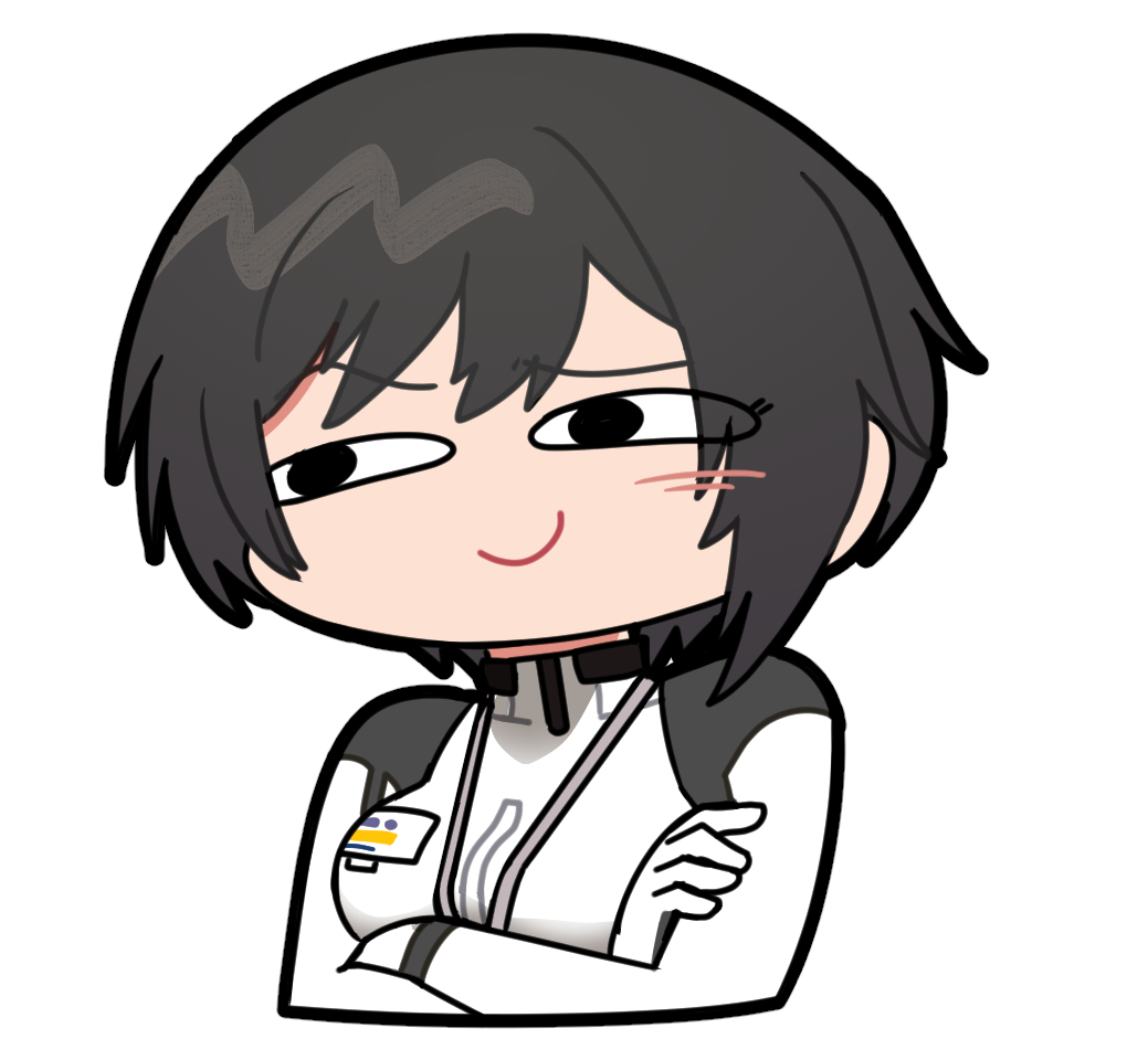 1girl artist_request black_hair bodysuit check_artist chibi chibi_only chinese_commentary crossed_arms girls&#039;_frontline girls&#039;_frontline_neural_cloud madcore official_art second-party_source smile smug solo xinghuan_(neural_cloud)
