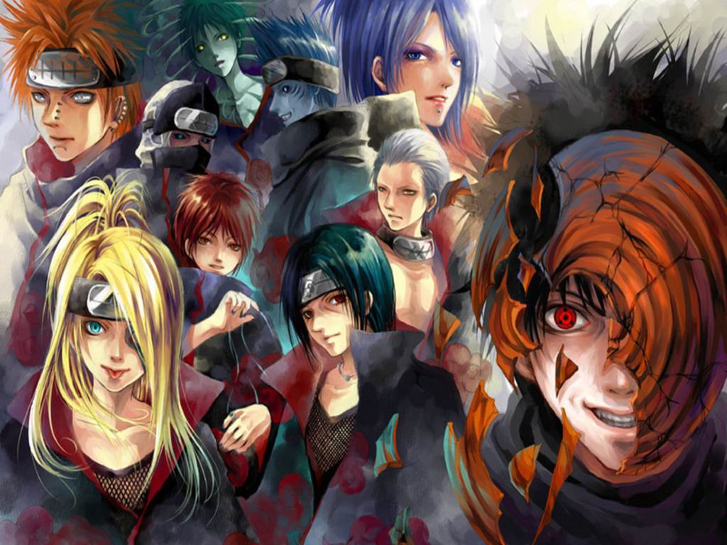 1girl 6+boys akatsuki_(naruto) amegakure_symbol black_hair blonde_hair blue_eyes blue_hair blue_skin broken_mask closed_mouth colored_skin commentary_request deidara_(naruto) forehead_protector green_skin hair_over_one_eye hidan_(naruto) hoshigaki_kisame kakuzu_(naruto) konan_(naruto) konohagakure_symbol long_hair looking_at_viewer male_focus mask multiple_boys naruto_(series) naruto_shippuuden open_mouth orange_hair pain_(naruto) pain_(tendo) piercing ponytail red_eyes red_hair sasori_(naruto) sharingan tagme uchiha_itachi uchiha_obito zetsu_(naruto)