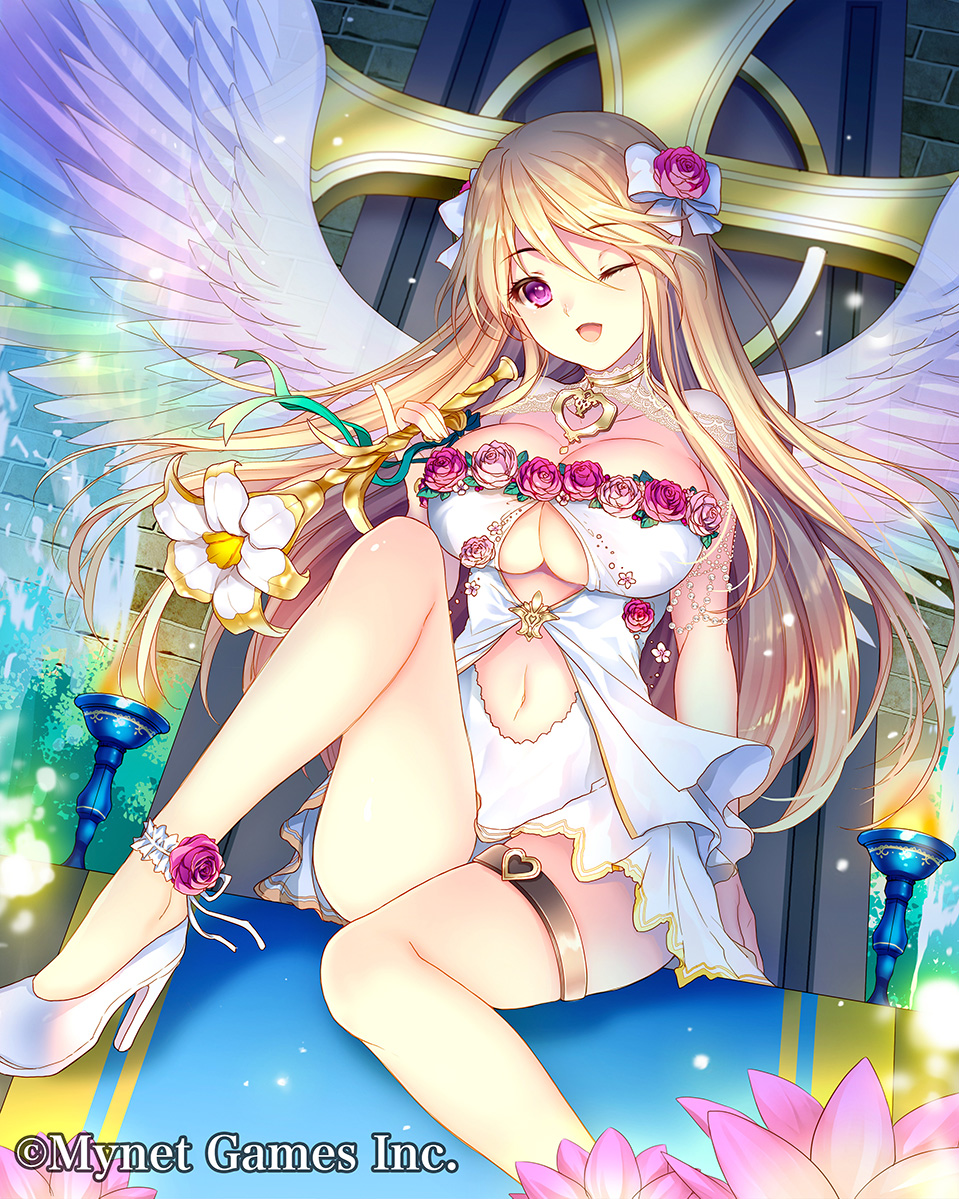 1girl ;d altar angel bow brazier breasts carnation cleavage clothing_cutout cross female_focus flower hair_bow heart high_heels holding holding_wand knee_up large_breasts long_hair looking_at_viewer maboroshi_juuhime navel navel_cutout official_art one_eye_closed open_mouth purple_eyes robosuke sitting smile solo thigh_strap underboob wand watermark white_bow white_footwear white_wings wings