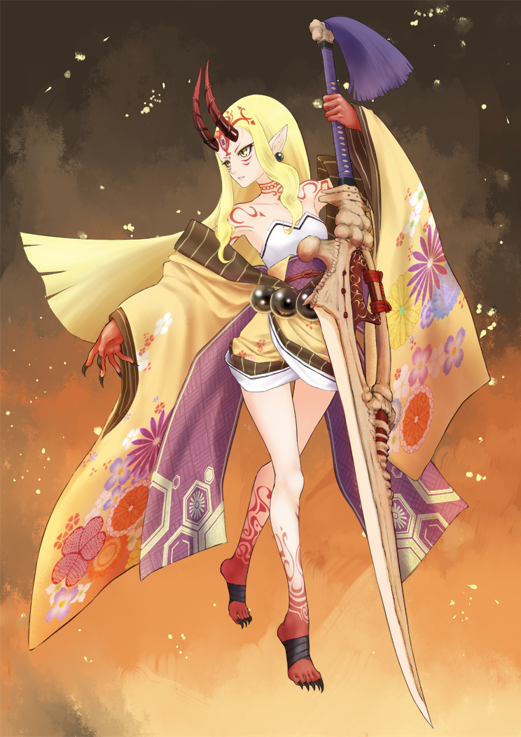 1girl barefoot blonde_hair colored_extremities earrings facial_mark fate/grand_order fate_(series) forehead_mark holding holding_sword holding_weapon horns ibaraki_douji_(fate) ise_(0425) japanese_clothes jewelry long_hair parted_lips pointy_ears sharp_toenails solo sword toenails weapon yellow_eyes