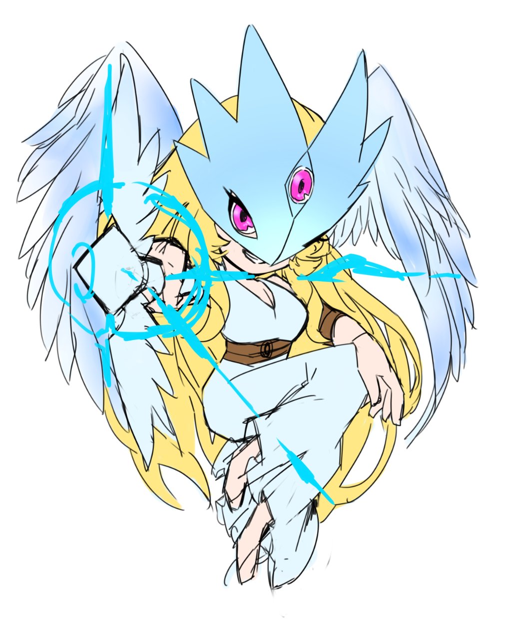 1girl blonde_hair digimon digimon_xros_wars female_focus goddess_(digimon_xros_wars) highres looking_at_viewer mask pink_eyes simple_background solo white_background