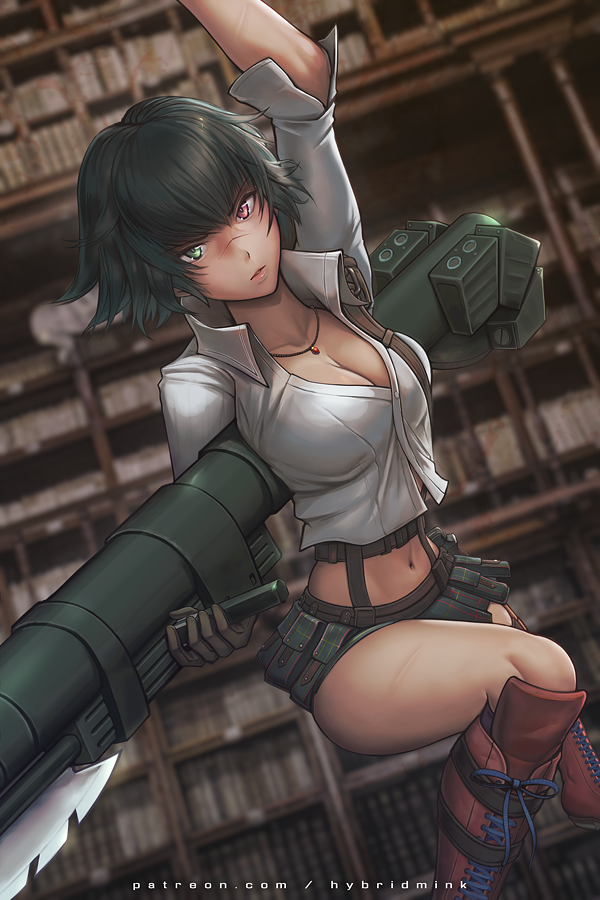 1girl black_hair boots breasts cleavage devil_may_cry devil_may_cry_(series) devil_may_cry_3 gloves green_eyes heterochromia holding holding_rocket_launcher holding_weapon hybridmink jewelry kalina_ann_(weapon) lady_(devil_may_cry) looking_at_viewer midriff navel necklace paid_reward_available patreon_username red_eyes rocket_launcher scar scar_on_face scar_on_nose short_hair weapon