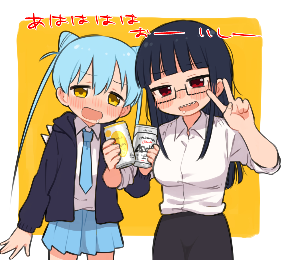 2girls \||/ asahi_breweries beer_can black_hair black_hoodie black_skirt blue_hair blue_necktie blue_skirt blunt_bangs blush border breasts can commentary_request cone_hair_bun cowboy_shot death_merumeru drink_can drooling drunk furrowed_brow glasses hair_bun holding holding_can hood hood_down hoodie jiao_bei_jiu large_breasts laughing locked_arms long_hair long_sleeves looking_at_viewer meis_(terameisu) miniskirt multiple_girls necktie nose_blush open_mouth outside_border pleated_skirt red_eyes sharp_teeth shinigami_dot_com shirt shirt_tucked_in shoulder_spikes side-by-side simple_background skirt sleeves_rolled_up smile spikes standing teeth toukyou_tama twintails v white_border white_shirt yellow_background yellow_eyes