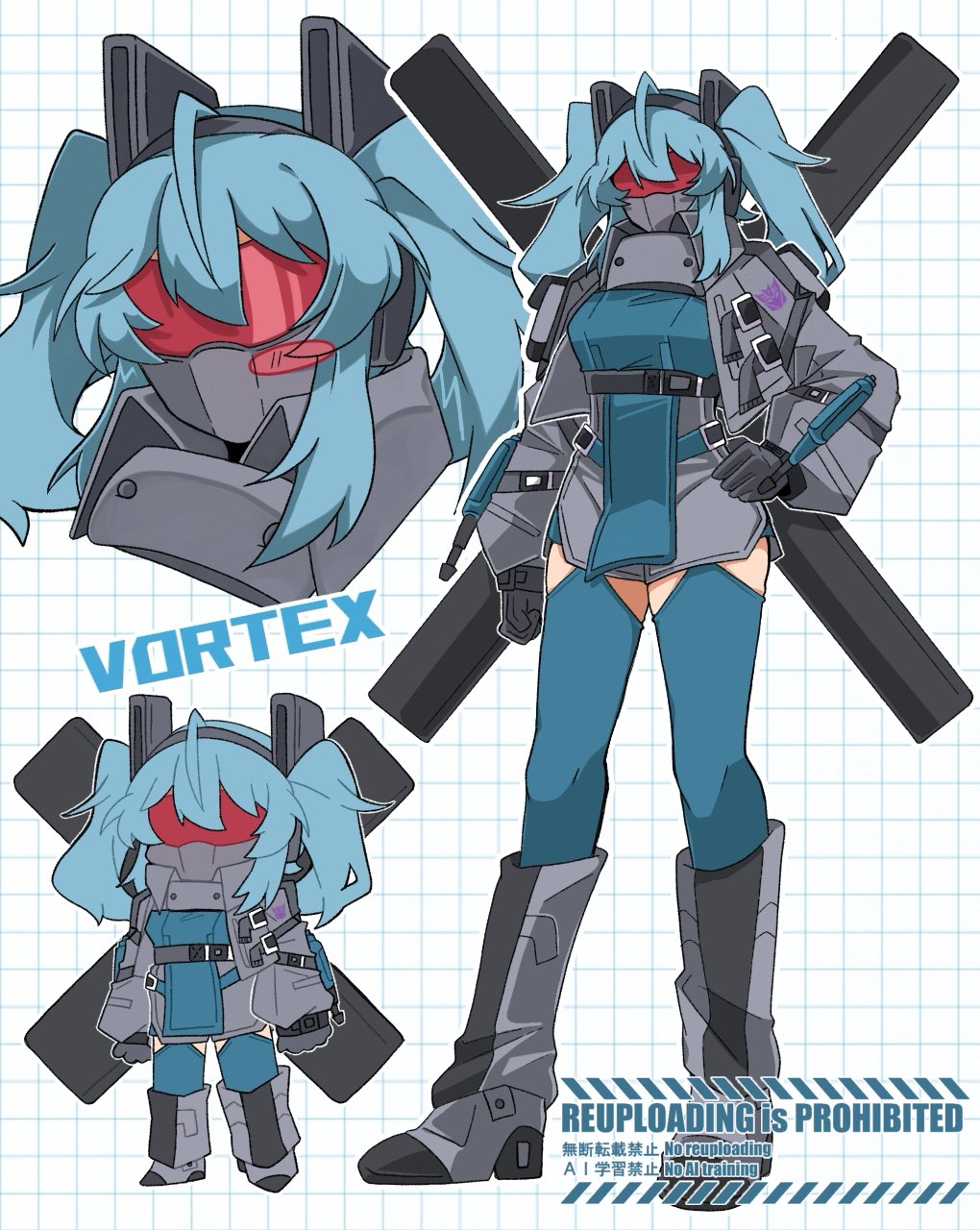 1girl ahoge blue_hair blush_stickers boots breasts character_name chibi chibi_inset coat combaticon decepticon genderswap genderswap_(mtf) grey_coat grid_background hand_on_own_hip headband high_heel_boots high_heels highres humanization knee_boots mecha_musume osekihan053 red_visor single_blush_sticker solo transformers twintails vortex_(transformers) watermark white_background
