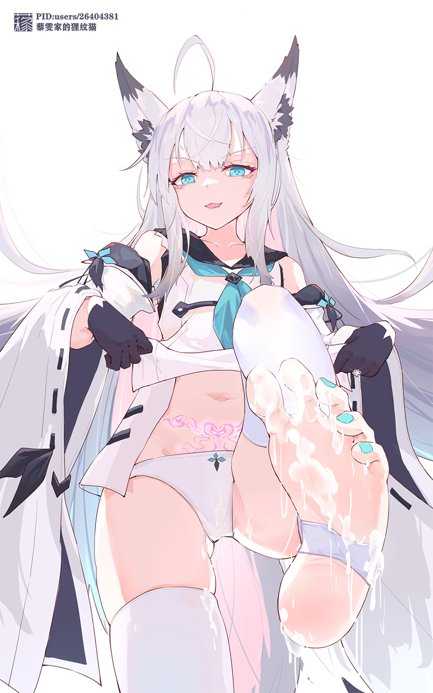 1girl animal_ear_fluff animal_ears azur_lane black_gloves black_sailor_collar blue_eyes blue_nails blue_neckerchief blue_ribbon clothes_lift detached_sleeves feet foot_focus fox_ears fox_girl gloves highres kawakaze_(azur_lane) liwendala long_hair looking_at_viewer nail_polish navel neckerchief panties applying_pedicure ribbon ribbon-trimmed_sleeves ribbon_trim sailor_collar shirt_lift smug soles solo stirrup_legwear suggestive_fluid thighhighs toeless_legwear toes underwear white_hair white_panties white_thighhighs wide_sleeves