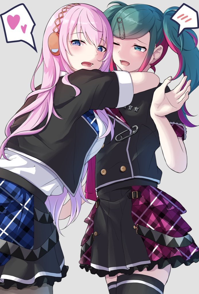 0001shironu 2girls aqua_hair arms_around_neck bobby_pin flannel hatsune_miku headphones heart long_hair megurine_luka multiple_girls pink_hair project_sekai school_uniform skirt twintails vocaloid yuri
