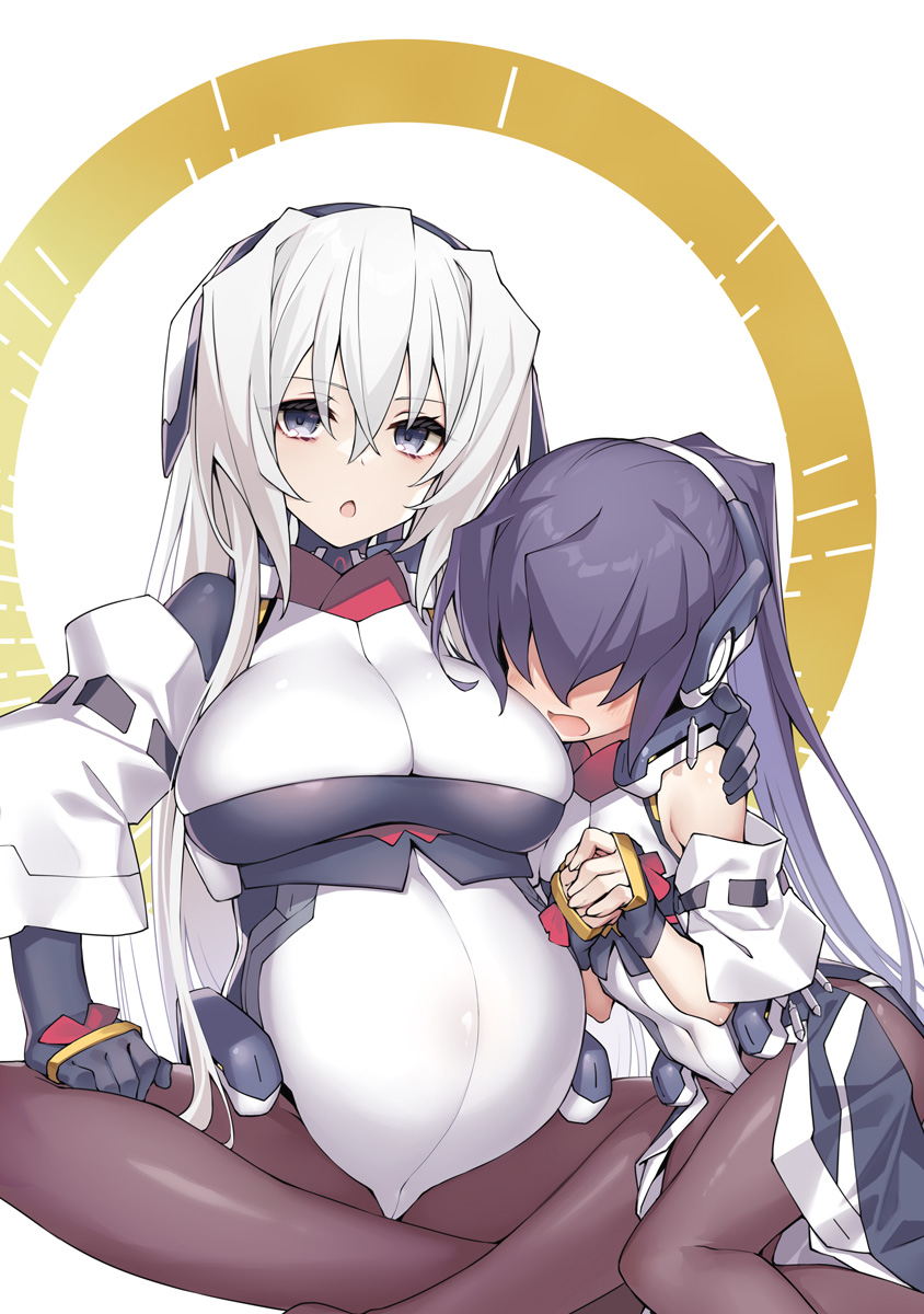 2girls big_belly blue_eyes blush bodysuit breasts fingerless_gloves flat_chest gloves hair_over_eyes highres horizon_ariadust kodama_yuu kyoukaisenjou_no_horizon large_breasts long_hair mukai_suzu multiple_girls open_mouth pantyhose ponytail pregnant purple_hair seamed_legwear solo very_long_hair white_hair