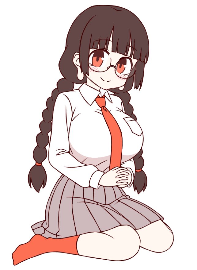 1girl alternate_costume bespectacled black-framed_eyewear black_hair blunt_bangs blush braid breasts closed_mouth collared_shirt commentary full_body glasses grey_skirt ketsumaimo large_breasts long_earlobes long_hair long_sleeves looking_at_viewer necktie no_shoes pleated_skirt red_eyes red_necktie red_socks shirt simple_background sitting skirt smile socks solo touhou twin_braids wariza white_background white_shirt yatadera_narumi