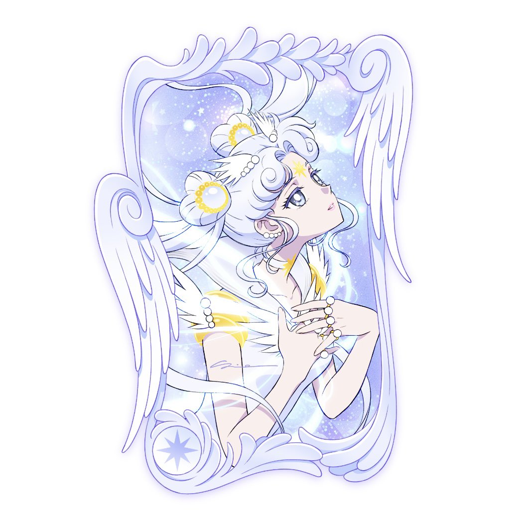 1girl bishoujo_senshi_sailor_moon bishoujo_senshi_sailor_moon_stars choker hair_ornament heart-shaped_hair jewelry long_hair magical_girl multiple_rings parted_bangs parted_lips ring sailor_cosmos sidney_deng solo twintails white_choker white_hair wing_hair_ornament