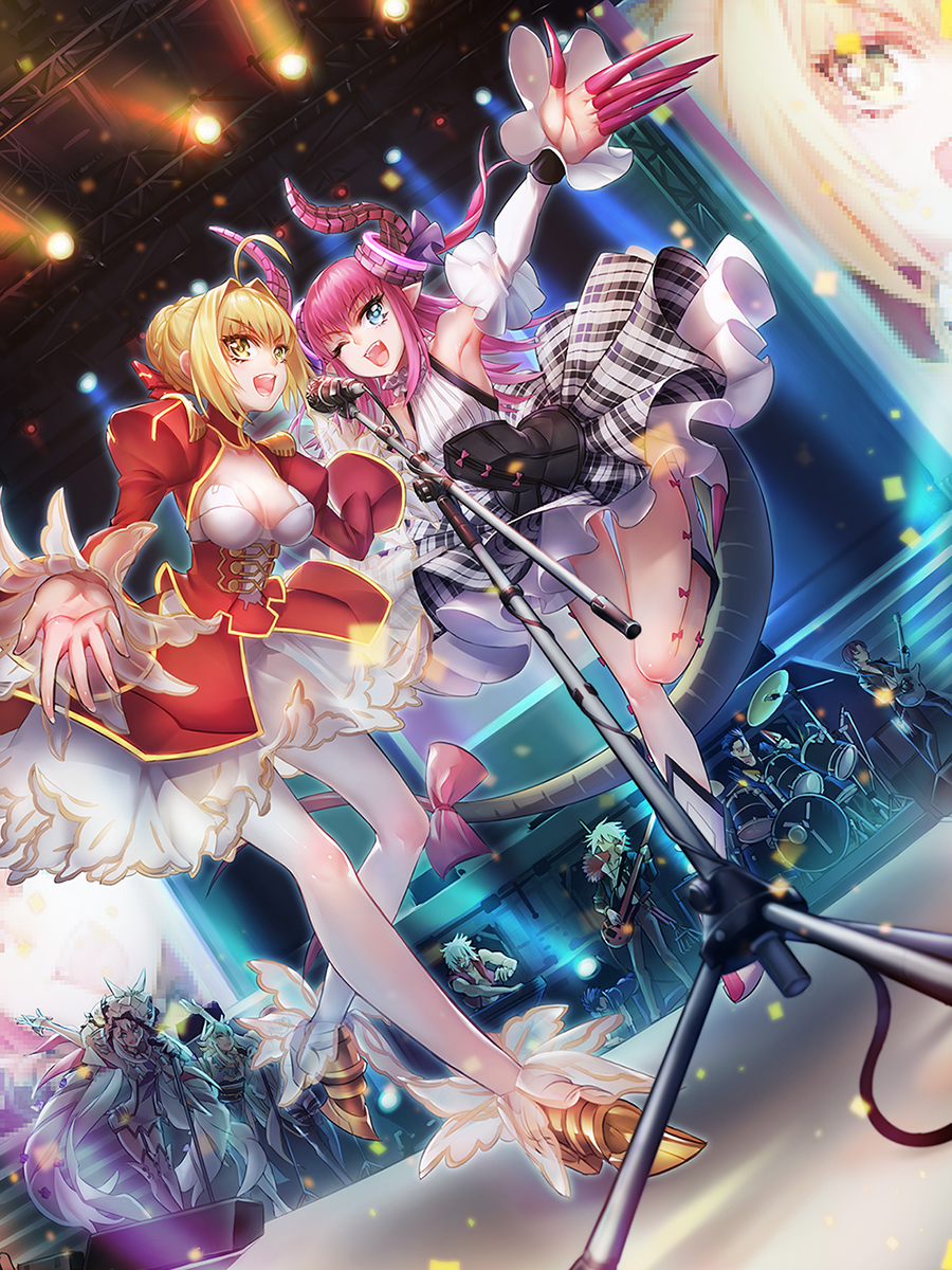 10s 4boys 6+girls ;d adapted_costume ahoge ankle_boots arm_up armor armpits bass_guitar bazett_fraga_mcremitz blonde_hair blue_hair boots boudica_(fate) braid breasts claws cleavage confetti cross-laced_clothes cu_chulainn_(fate) cu_chulainn_(fate/extra) cu_chulainn_(fate/stay_night) demon_girl detached_sleeves drum dutch_angle electric_guitar elizabeth_bathory_(fate) elizabeth_bathory_(fate/extra) elizabeth_bathory_(second_ascension)_(fate) epaulettes fangs fate/apocrypha fate/extra fate/extra_ccc fate/grand_order fate/hollow_ataraxia fate/stay_night fate_(series) full_moon guitar highres horns indoors instrument jumping karna_(fate) keyboard keyboard_(instrument) kiyohime_(fate) knee_boots long_sleeves marie_antoinette_(fate) marie_antoinette_(third_ascension)_(fate) medium_breasts microphone_stand moon multiple_boys multiple_girls music nero_claudius_(fate) nero_claudius_(fate/extra) one_eye_closed open_mouth outstretched_arm palms pantyhose pink_hair playing_instrument pointy_ears puffy_long_sleeves puffy_sleeves rojiura_satsuki_:_chapter_heroine_sanctuary screen see-through_clothes sidelocks singing small_breasts smile spotlight stage stage_lights tail tamamo_no_mae_(fate) teeth thigh_gap todee vlad_iii_(fate/extra) white_footwear white_legwear yellow_eyes