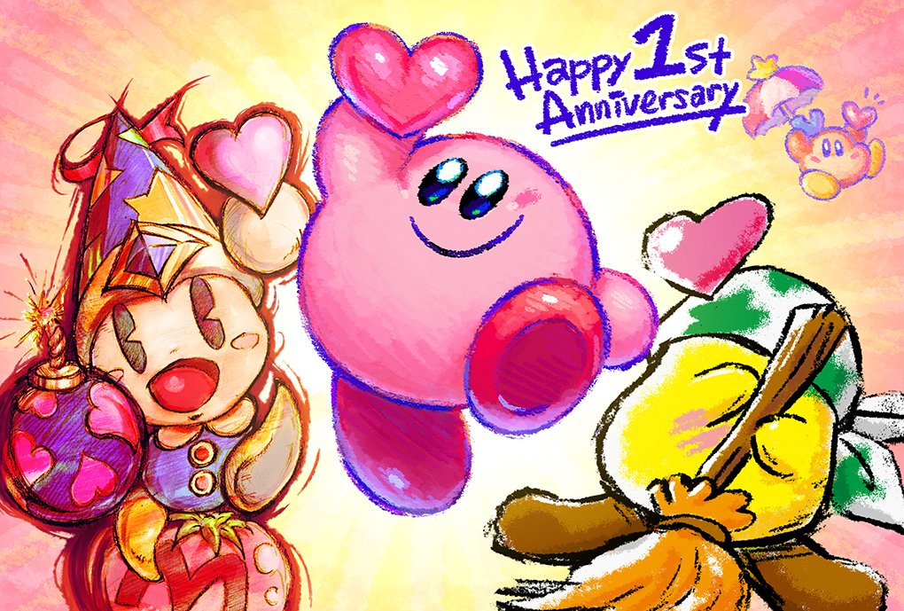 anniversary bandana black_eyes blue_eyes blush_stickers bomb broom broom_hatter commentary_request english_text explosive faceless floating food hat heart kirby kirby_star_allies kirby_(series) maxim_tomato nintendo no_humans official_art open_mouth parasol poppy_bros_jr smile umbrella waddle_dee