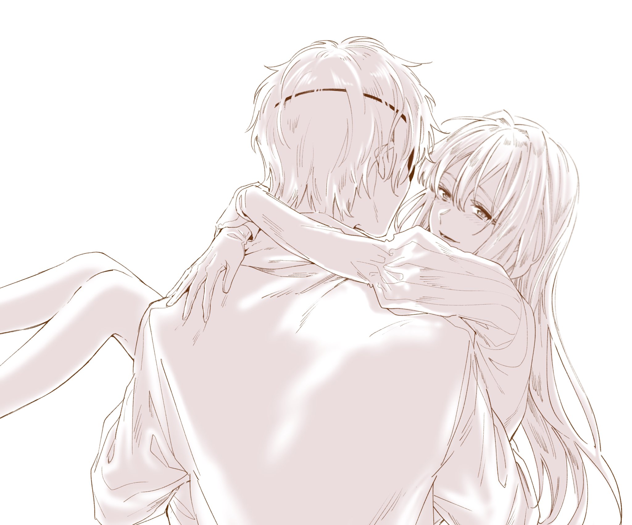 1boy 1girl arms_around_neck bad_id bad_pixiv_id carrying carrying_person couple eyepatch from_behind gilbert_bougainvillea gloves greyscale happy hetero highres juliet_sleeves long_hair long_sleeves looking_at_another monochrome nijiko_(10437772) princess_carry puffy_sleeves short_hair simple_background smile violet_evergarden violet_evergarden_(series) white_background