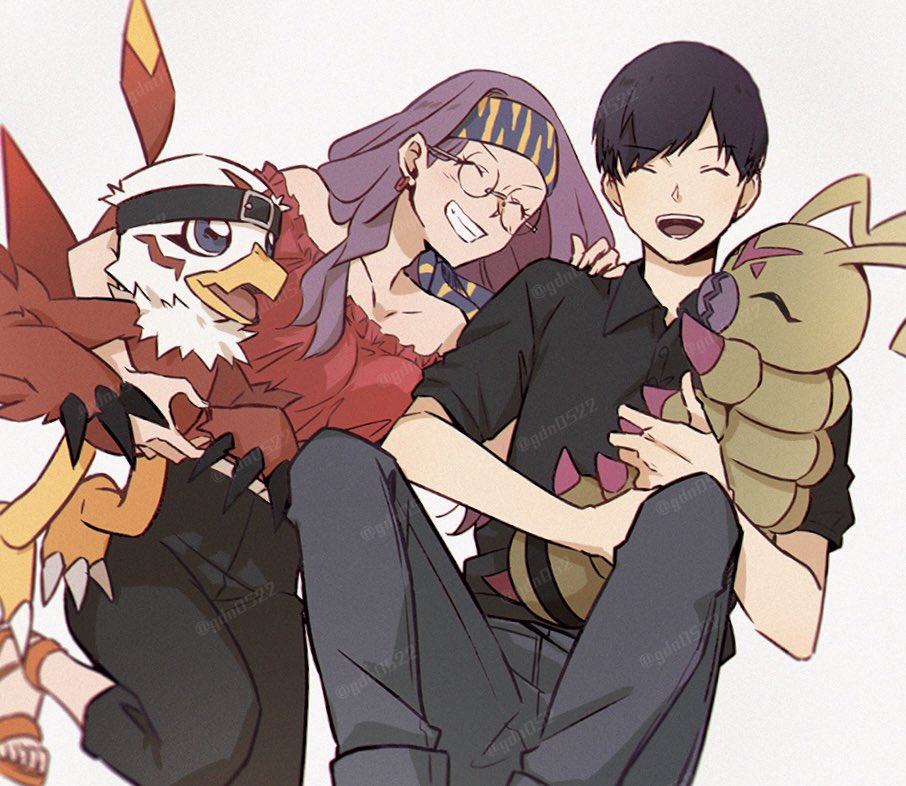 1boy 1girl bare_shoulders beak bird black_hair black_pants black_shirt bug closed_eyes digimon digimon_(creature) digimon_adventure_02:_the_beginning gdn0522 grey_pants hawkmon ichijouji_ken inoue_miyako long_hair off-shoulder_shirt off_shoulder open_mouth pants parted_lips purple_hair red_shirt shirt short_hair smile talons upper_body wormmon