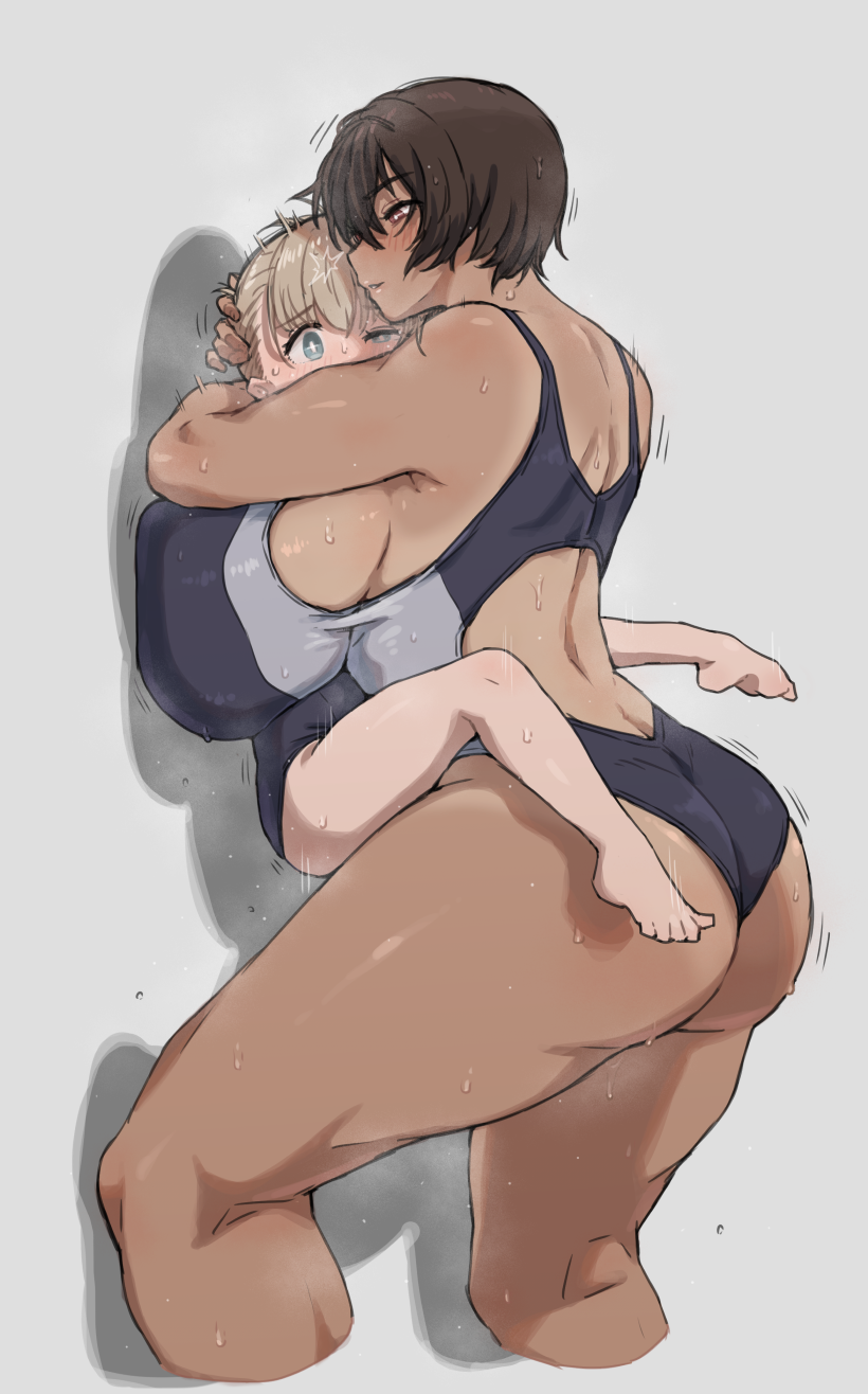 2girls against_wall ass back barefoot black_hair blonde_hair blue_eyes blush breasts brown_hair carrying carrying_person dark-skinned_female dark_skin height_difference highres hug huge_ass huge_breasts kei_(m_k) kneepits lifting_person light_smile long_hair m_k multiple_girls original red_eyes rika_(m_k) school_swimsuit short_hair simple_background size_difference smile standing steam steaming_body sweat swimsuit tall_female tan thick_thighs thighs tomboy wife_and_wife yuri