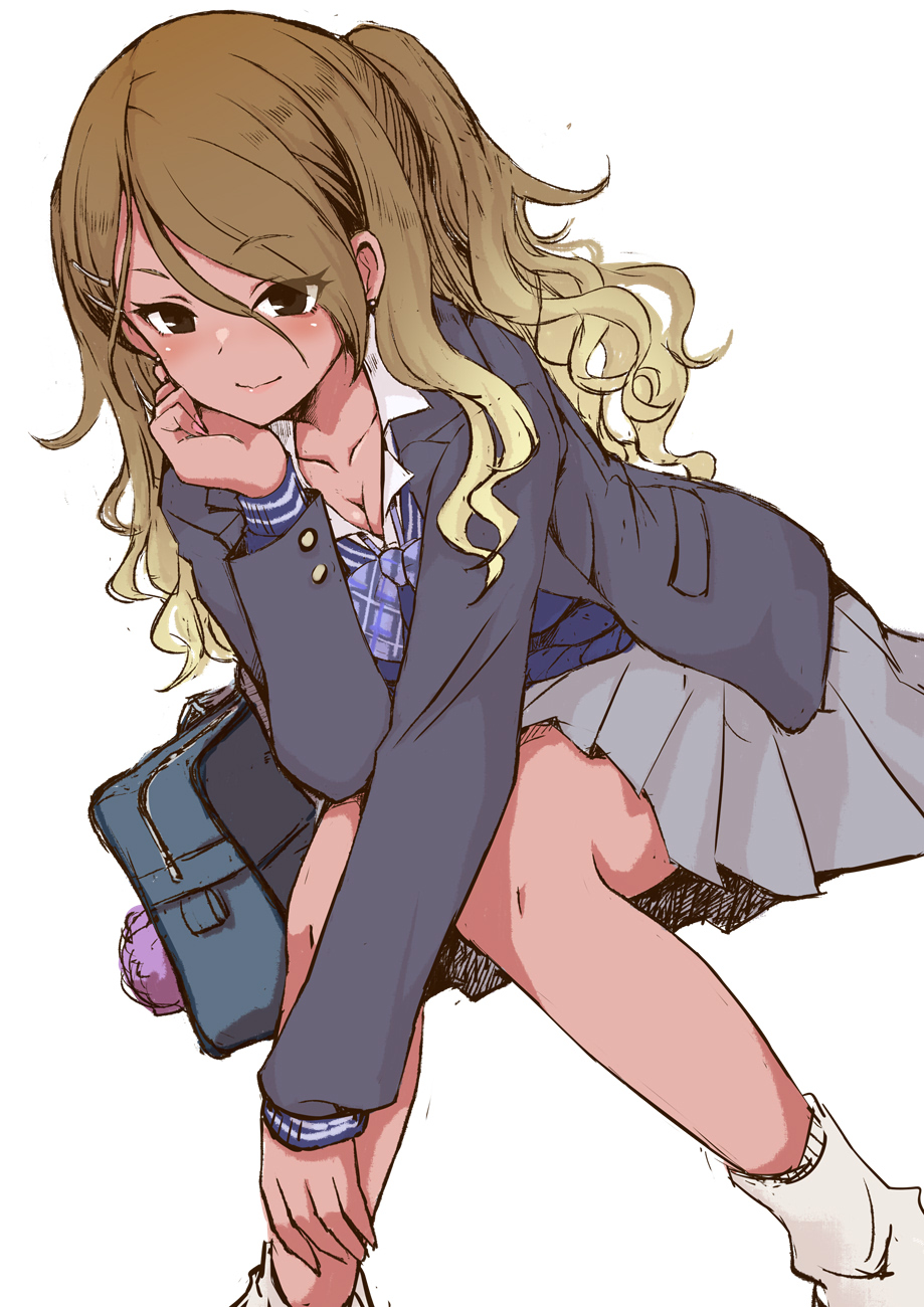 1girl bag black_jacket blazer blonde_hair blush breasts brown_hair cleavage collarbone gradient_hair grey_skirt hand_on_own_cheek hand_on_own_face highres idolmaster idolmaster_shiny_colors invisible_chair izumi_mei jacket knees_together_feet_apart long_hair looking_at_viewer multicolored_hair open_collar pleated_skirt satomura_kyou school_bag school_uniform simple_background sitting skirt smile solo very_long_hair white_background