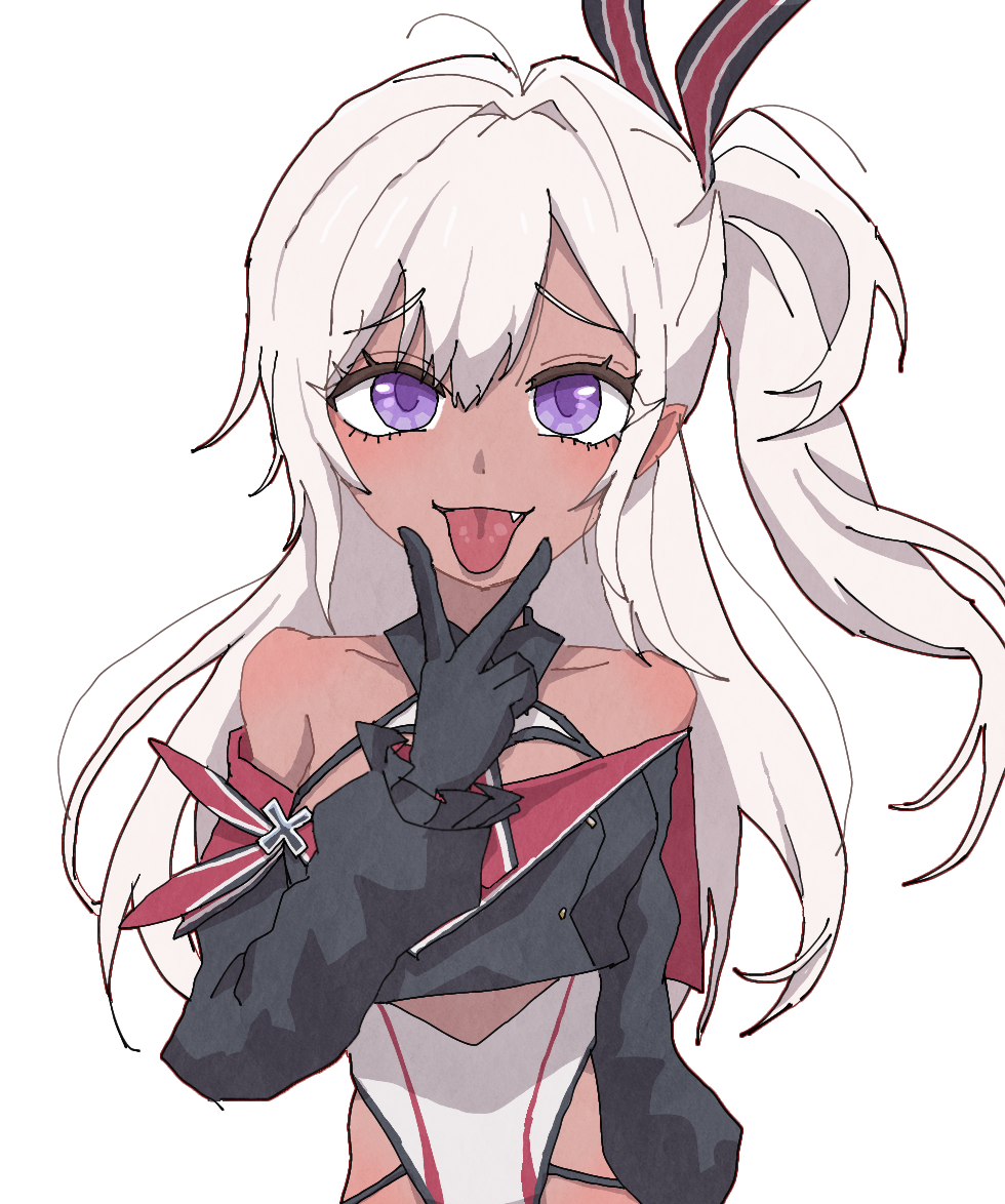 1girl azur_lane bare_shoulders black_ribbon camave crop_top cross cunnilingus_gesture dark-skinned_female dark_skin fang hair_intakes hair_ribbon hand_up iron_cross long_hair looking_at_viewer one-piece_swimsuit one_side_up purple_eyes red_ribbon ribbon simple_background solo swimsuit tongue tongue_out two-tone_ribbon u-31_(azur_lane) upper_body v v_over_mouth white_background white_hair white_one-piece_swimsuit