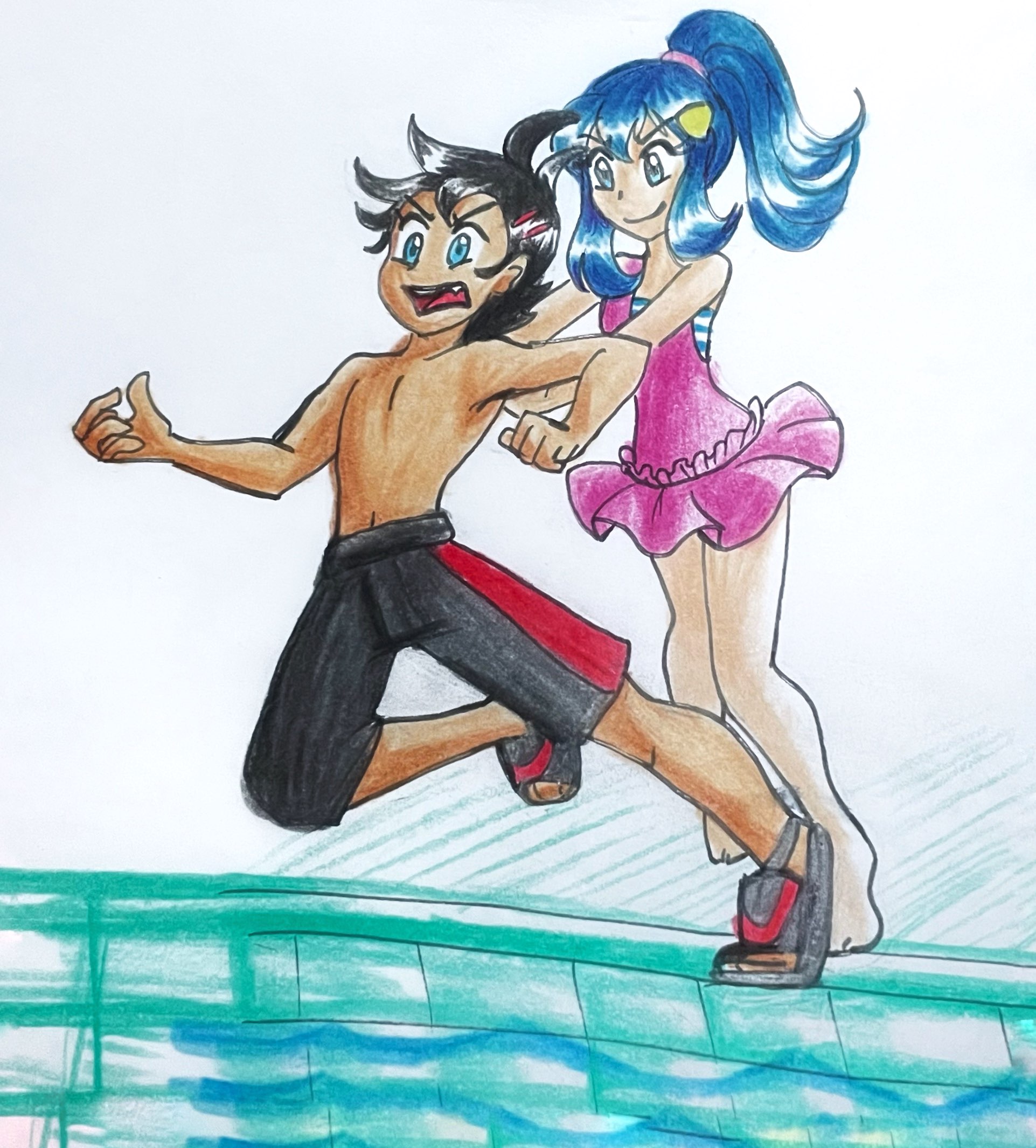 1boy 1girl bare_legs barefoot black_hair black_male_swimwear black_swim_trunks blue_eyes blue_hair colored_pencil_(medium) commission commissioner_upload dark-skinned_male dark_skin dawn_(pokemon) goh_(pokemon) highres hopefultimebubbles male_swimwear nintendo pink_skirt pokemon pokemon:_arceus_and_the_jewel_of_life pokemon_(anime) pokemon_dppt_(anime) pokemon_journeys ponytail pool sandals simple_background skirt swim_trunks swimsuit traditional_media