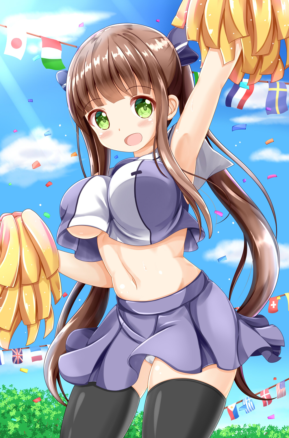 1girl :d american_flag arm_up armpits bare_arms bare_shoulders black_thighhighs blue_sky blush bow breasts brown_hair cheerleader cloud commentary_request confetti crop_top danish_flag day female_focus flags_of_all_nations gochuumon_wa_usagi_desu_ka? greek_flag green_eyes hair_bow highres holding italian_flag japanese_flag large_breasts long_hair looking_at_viewer midriff navel no_bra open_mouth outdoors panties pleated_skirt pom_pom_(cheerleading) purple_bow purple_skirt shirt sidelocks skirt sky sleeveless sleeveless_shirt smile solo string_of_flags swedish_flag swiss_flag thighhighs twintails ujimatsu_chiya underboob underwear union_jack very_long_hair white_panties xenon_(for_achieve)