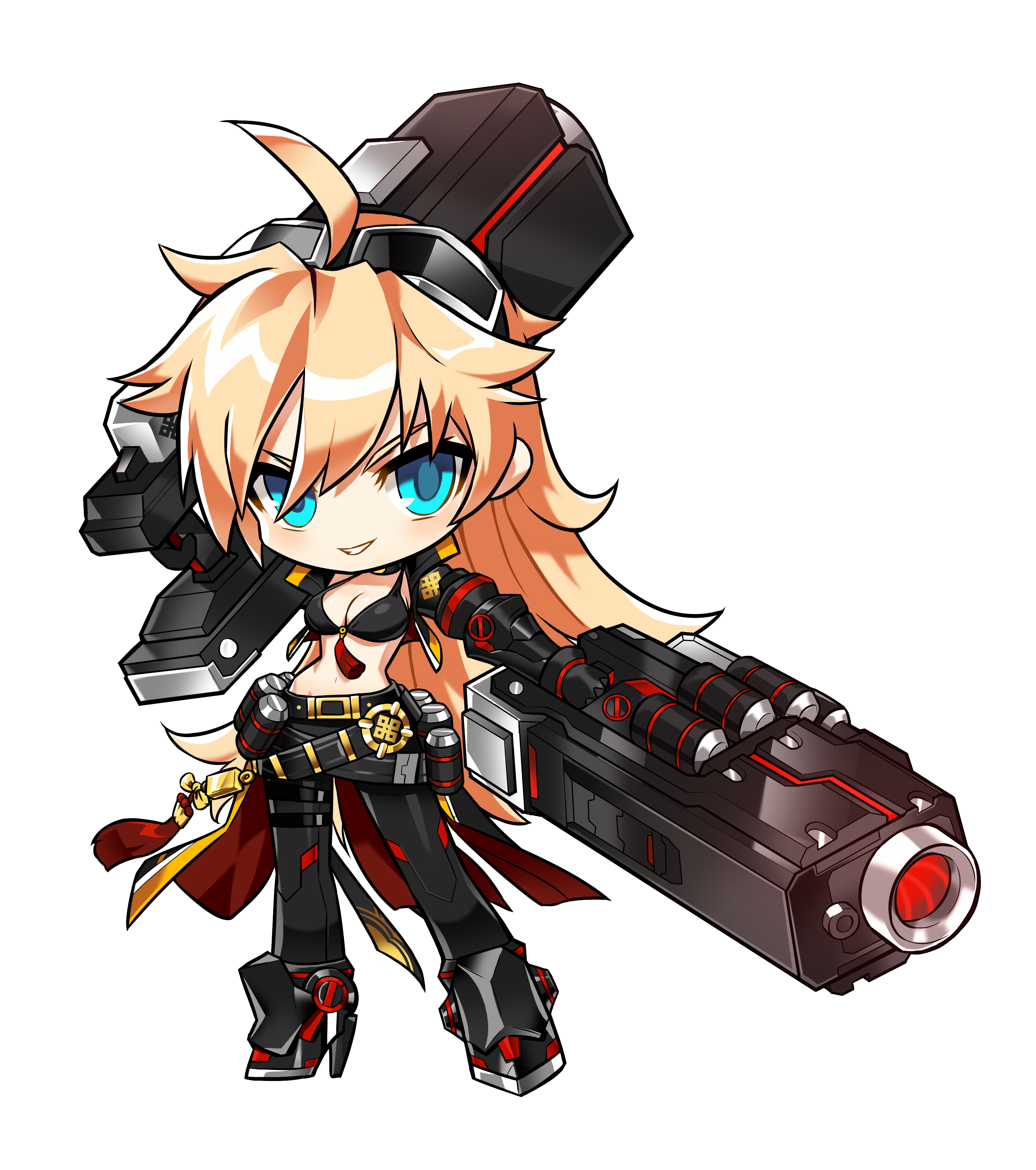 1girl absurdres ahoge belt belt_buckle black_belt black_boots black_bra black_gloves black_jacket black_pants blonde_hair blue_eyes boots bra breasts buckle chibi cleavage crossed_belts dual_wielding earrings elsword game_cg gloves goggles goggles_on_head gold_buckle grey-framed_eyewear gun hair_between_eyes high_heel_boots high_heels highres holding holding_gun holding_weapon huge_weapon hwansang jacket jewelry light_blush long_hair long_skirt long_sleeves looking_at_viewer multiple_belts official_art open_clothes open_jacket open_mouth over_shoulder pants red_skirt rose_(elsword) second-party_source showgirl_skirt skirt smile solo standing stomach tachi-e teeth transparent_background tsurime underwear very_long_hair weapon weapon_over_shoulder