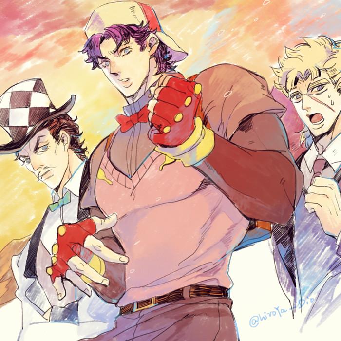 3boys black_hair blonde_hair blue_eyes blue_hair bow bowtie checkered_clothes checkered_hat facial_hair fingerless_gloves formal_clothes gloves hat hatoyama_itsuru jojo_no_kimyou_na_bouken jonathan_joestar male_focus multiple_boys mustache phantom_blood purple_hair robert_e._o._speedwagon scar scar_on_face suit sweater_vest top_hat white_suit will_anthonio_zeppeli