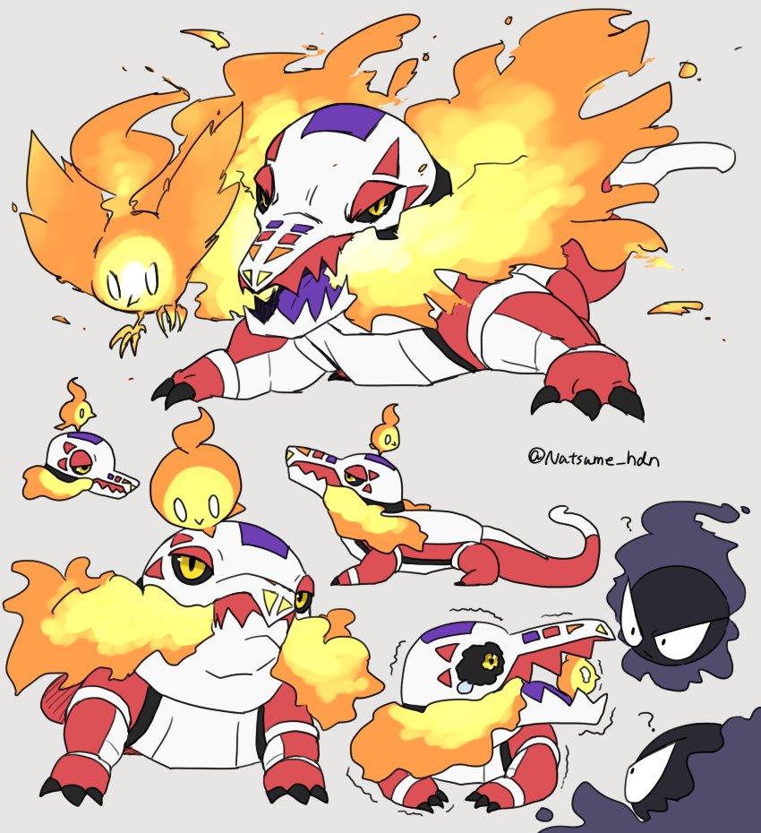 artist_name black_sclera colored_sclera colored_skin crocodile crocodilian fangs fire_bird_(skeledirge) gastly gen_1_pokemon ghost hidane_(natsume_hdn) long_tail multicolored_skin nintendo no_humans pokemon pokemon_(creature) red_skin skeledirge skin_fangs tail twitter_username two-tone_skin white_skin yellow_eyes