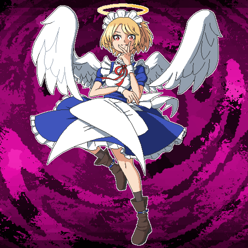 1girl aksawshin angel_wings apron belt_boots black_socks blonde_hair boots brown_footwear dress evil_grin evil_smile feathered_wings frilled_dress frills full_body grin hand_on_own_chin leg_up looking_at_viewer maid maid_apron maid_headdress mugetsu_(touhou) neck_ribbon pixel_art red_eyes red_ribbon ribbon short_hair smile socks touhou white_apron white_wings wings wrist_cuffs