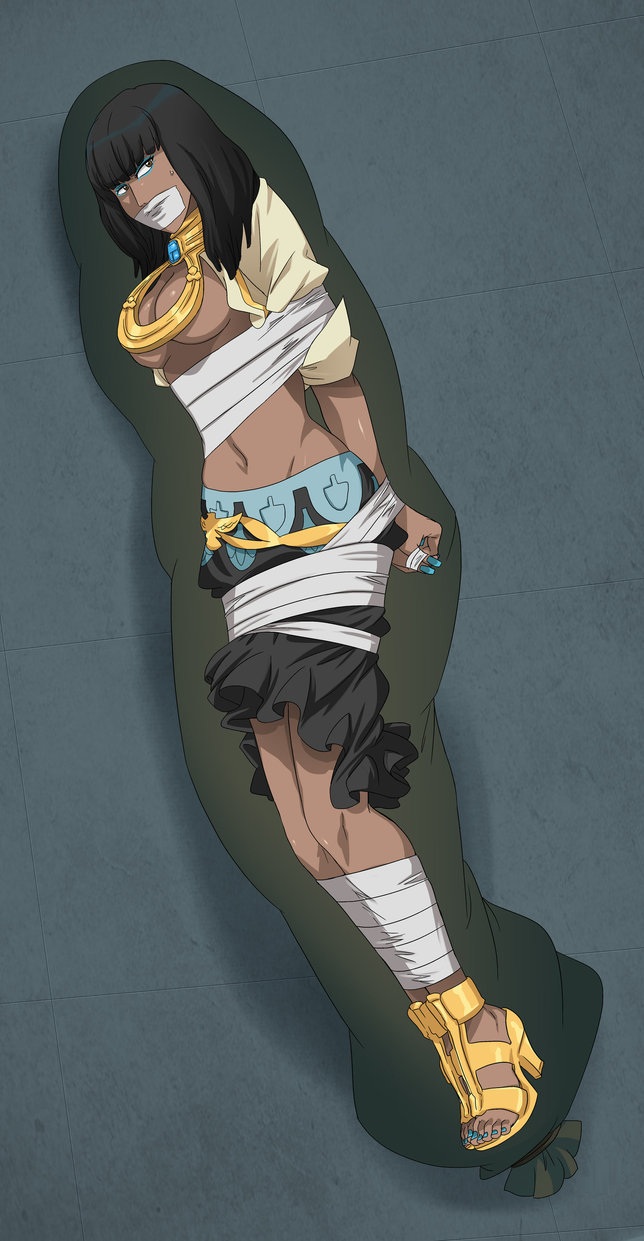 1girl alice_(999) alice_(kyokugen_dasshutsu) ancient_egyptian bdsm black_hair blue_nails bondage bound breasts chunsoft dark-skinned_female dark_skin feet female_focus gag gold_footwear gold_heels high_heel_sandals high_heels highres jewelry kyokugen_dasshutsu kyokugen_dasshutsu:_9_jikan_9_nin_9_no_tobira large_breasts lost_one_zero makeup nail_polish restrained sack sandals solo toenail_polish toenails toes